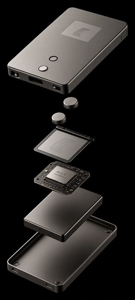 FrostKey hardware wallet exploded view: shell, e-ink screen, secure element, and rear case