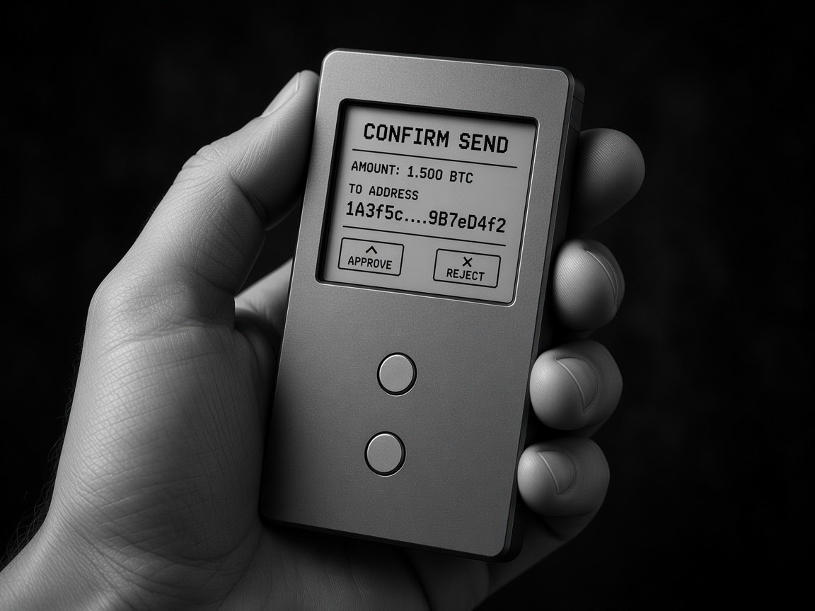 Hand holding a FrostKey hardware wallet with a transaction confirmation on screen