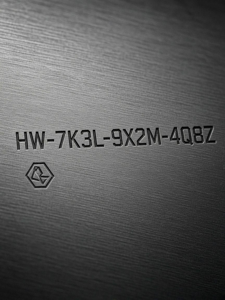 Close-up of engraved metal lettering on a backup plate