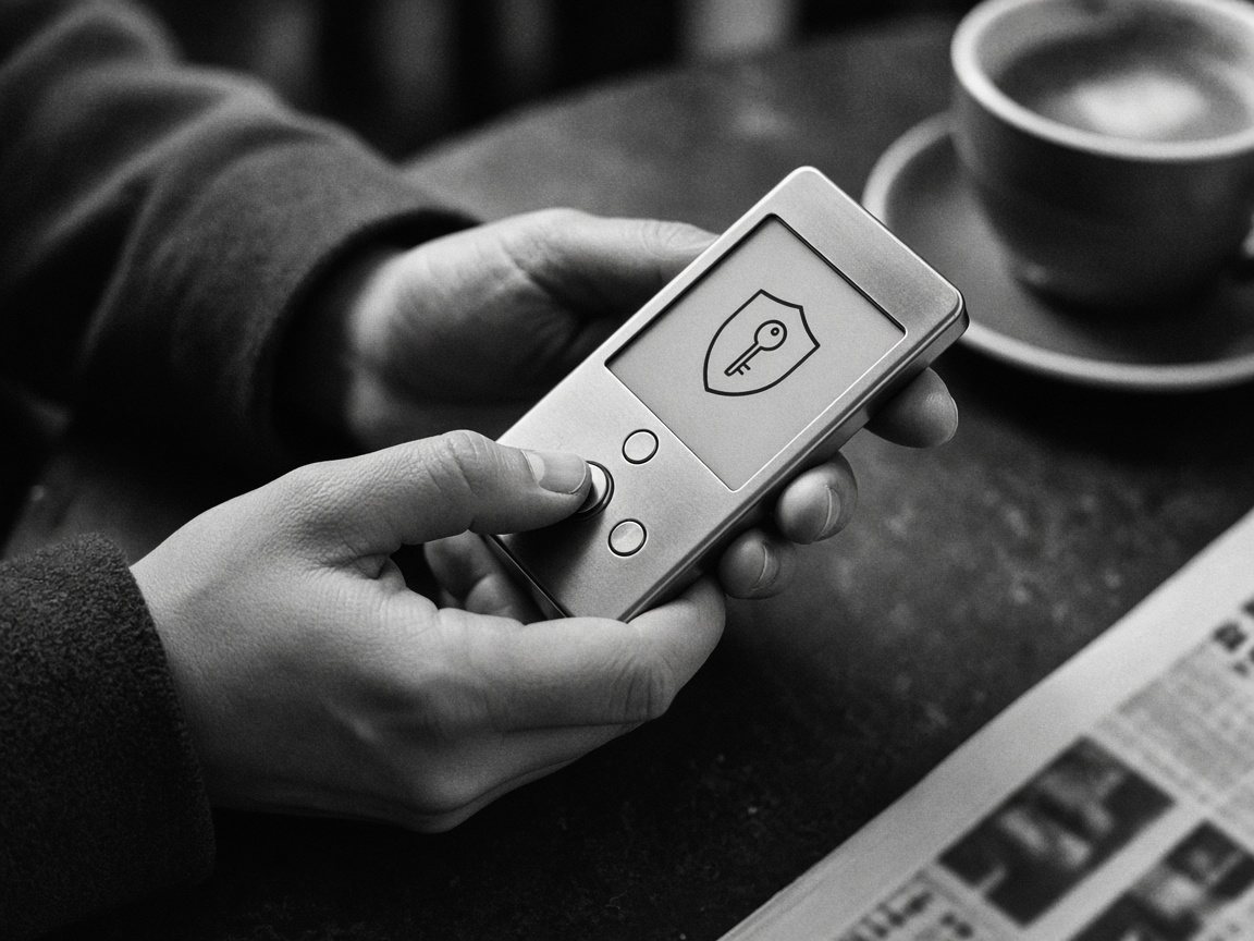 Hands holding a hardware wallet during a confirmation